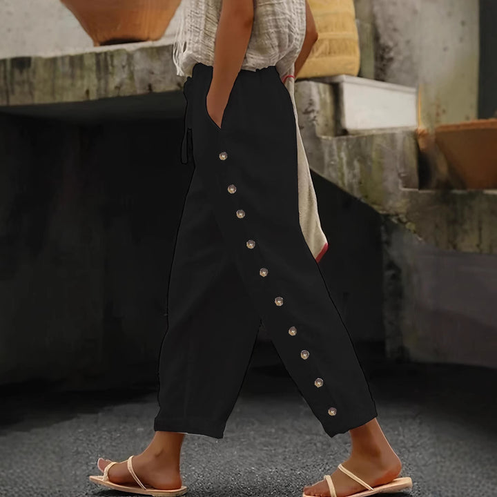 Damen Leichte Leinenhose mit hoher Taille, Kordelzug und seitlicher Druckknopf-Detailierung Drune