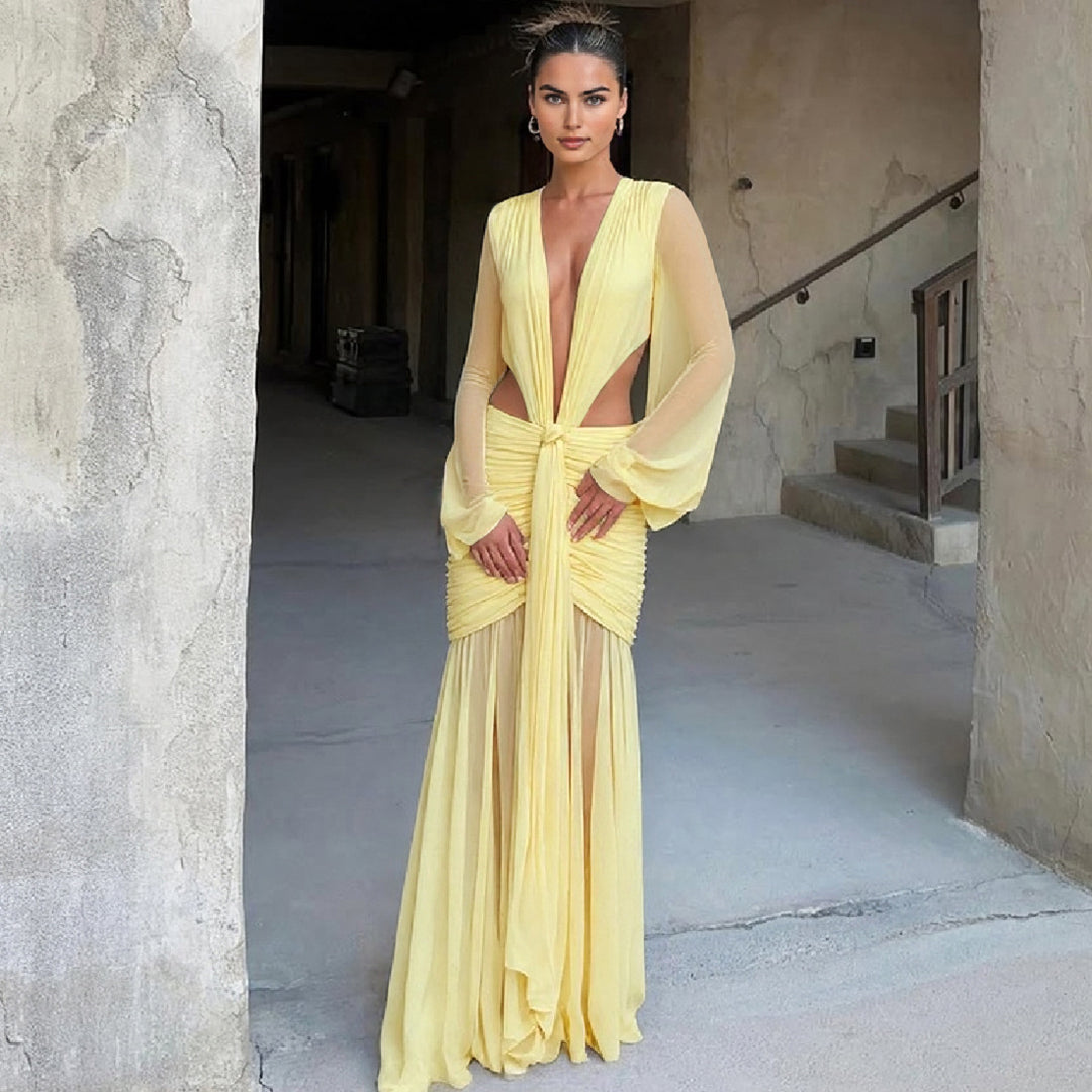 Damen Maxikleid mit raffinierten Drapierungen und tiefem V-Ausschnitt Drune