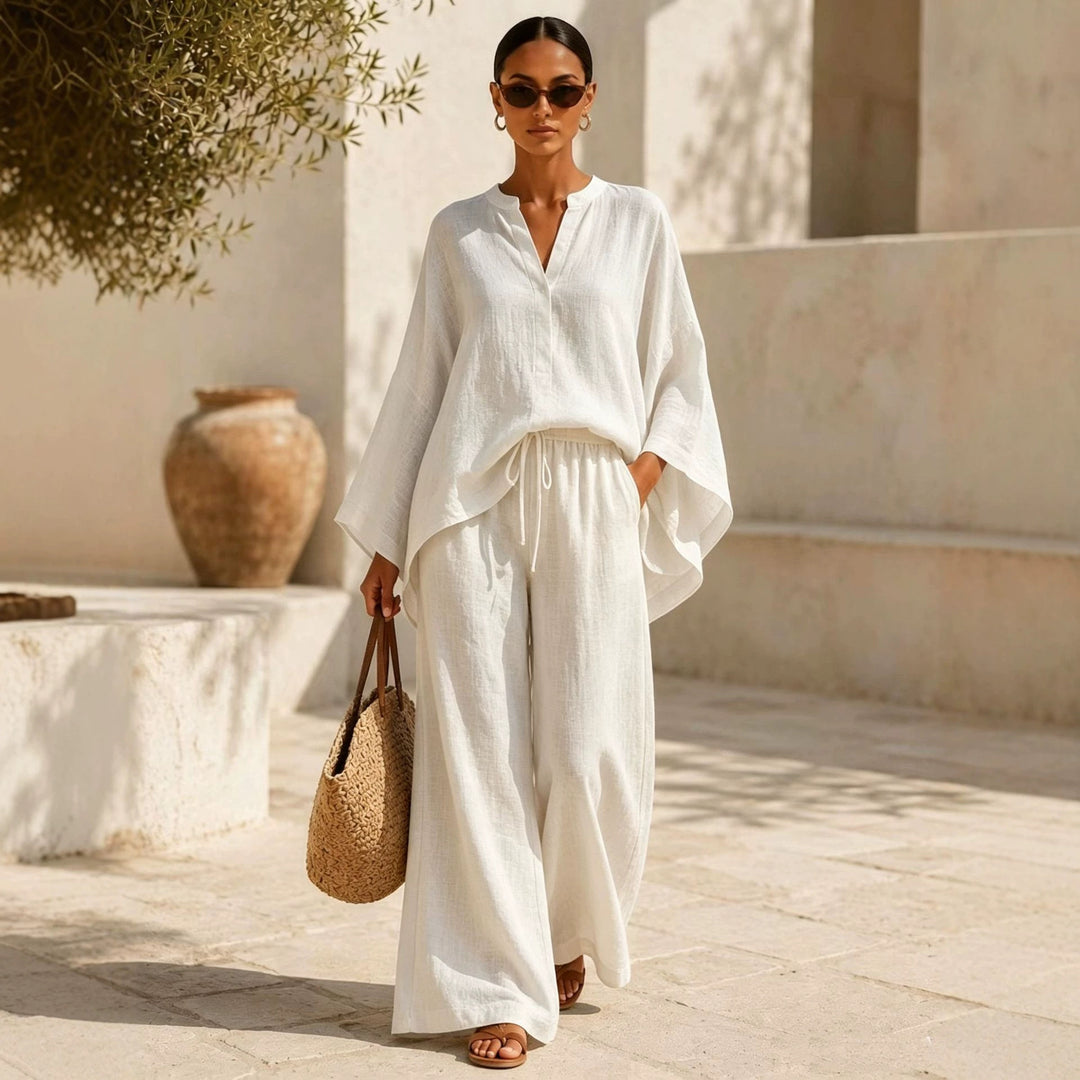 Damen Leichte Leinenmischung Übergroße Kaftan-Oberteil und Kordelzug Weitbein-Hosen Set Drune