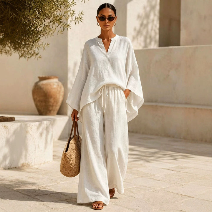 Damen Leichte Leinenmischung Übergroße Kaftan-Oberteil und Kordelzug Weitbein-Hosen Set Drune