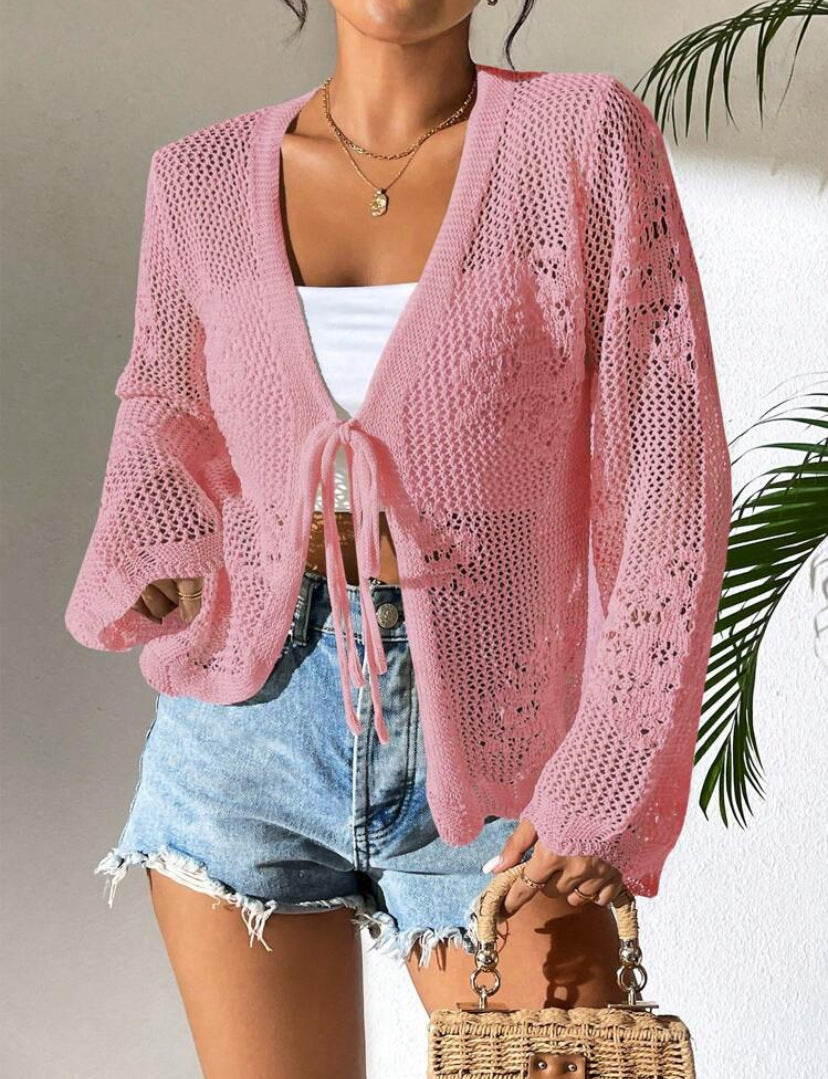 Damen Strickjacke mit luftiger Häkelstruktur und Bindeverschluss Drune