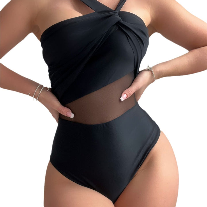 Damen Eleganter Einteiler Badeanzug mit Modernem Stoffmix Drune