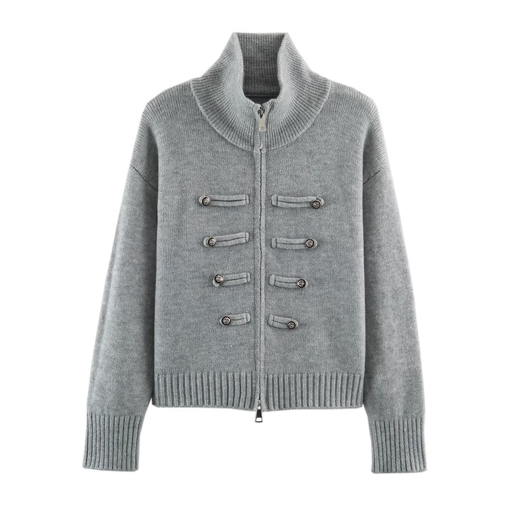 Damen Strickjacke mit Reißverschluss, hohem Stehkragen und dekorativen Zierknopfleisten Drune