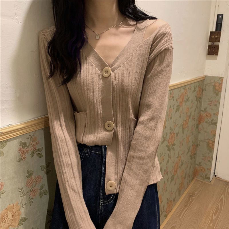 Damen Stilvolle Strickjacke mit V-Ausschnitt und Taschen Drune