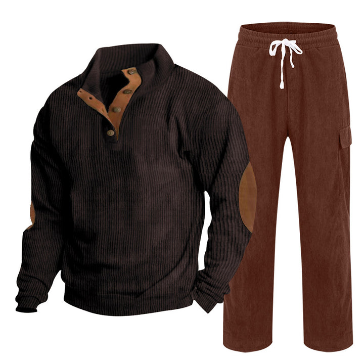Herren Gemütliches Freizeit-Set aus Waffelstrick-Henley mit Ellenbogenpatch und Relax-Cargo-Hose Drune