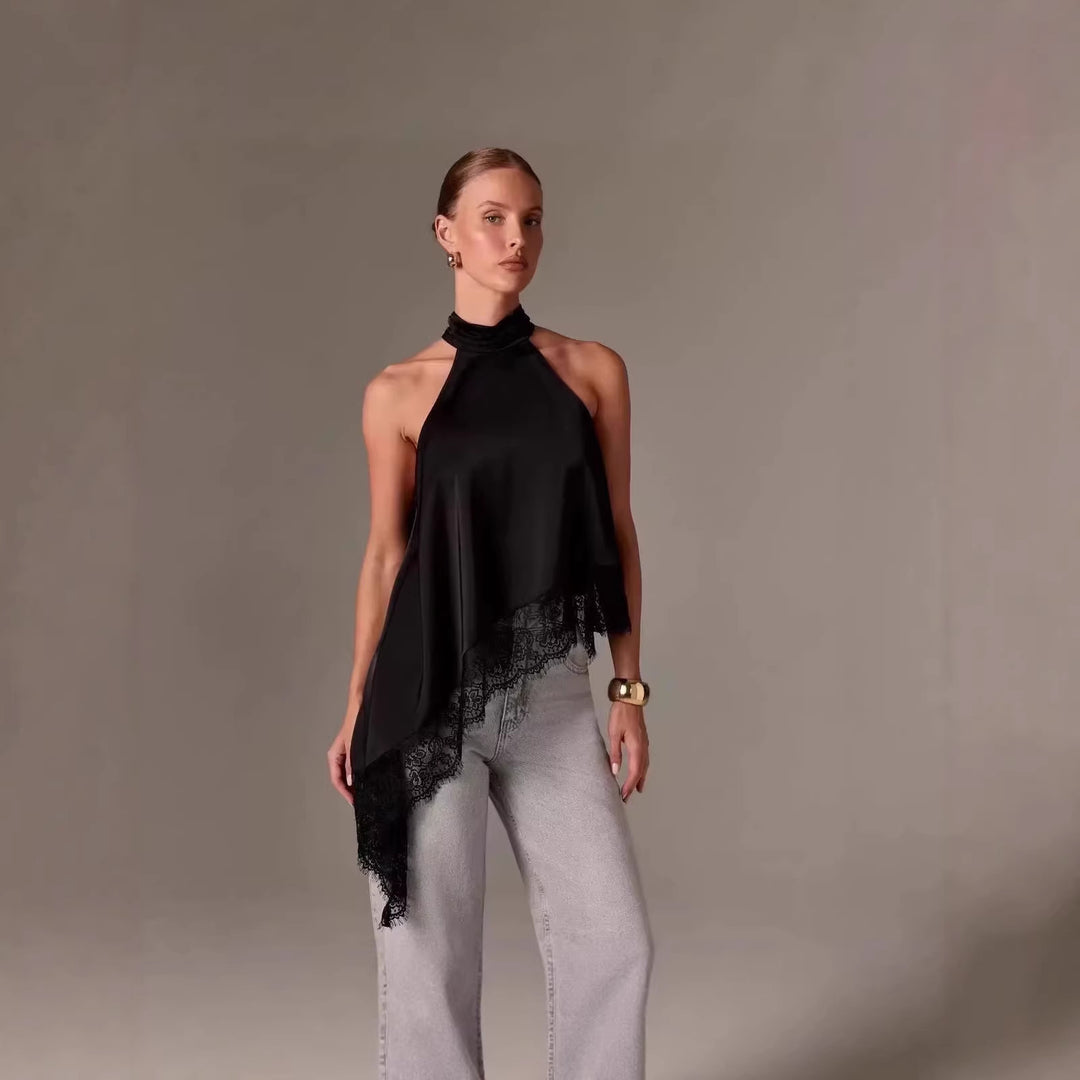 Damen luftiges Chiffon-Top mit eleganter Spitzenverzierung Drune