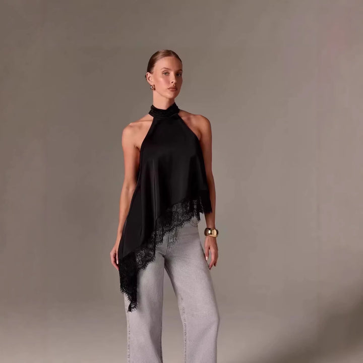 Damen luftiges Chiffon-Top mit eleganter Spitzenverzierung Drune