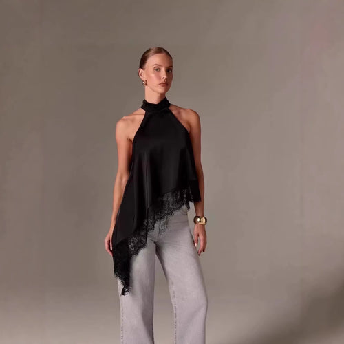 Damen luftiges Chiffon-Top mit eleganter Spitzenverzierung Drune