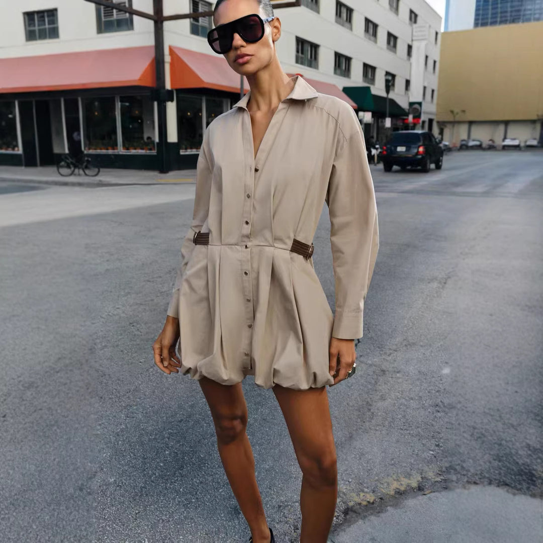 Damen Hemdblusenkleid mit Taillen-Tunnelzug, plissiertem Rock und Hemdkragen Drune