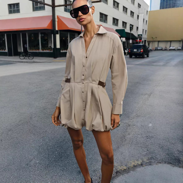 Damen Hemdblusenkleid mit Taillen-Tunnelzug, plissiertem Rock und Hemdkragen Drune
