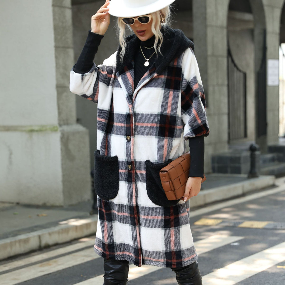 Damen Plüschige Karomanteljacke mit großen Taschen und lässigem Design Drune