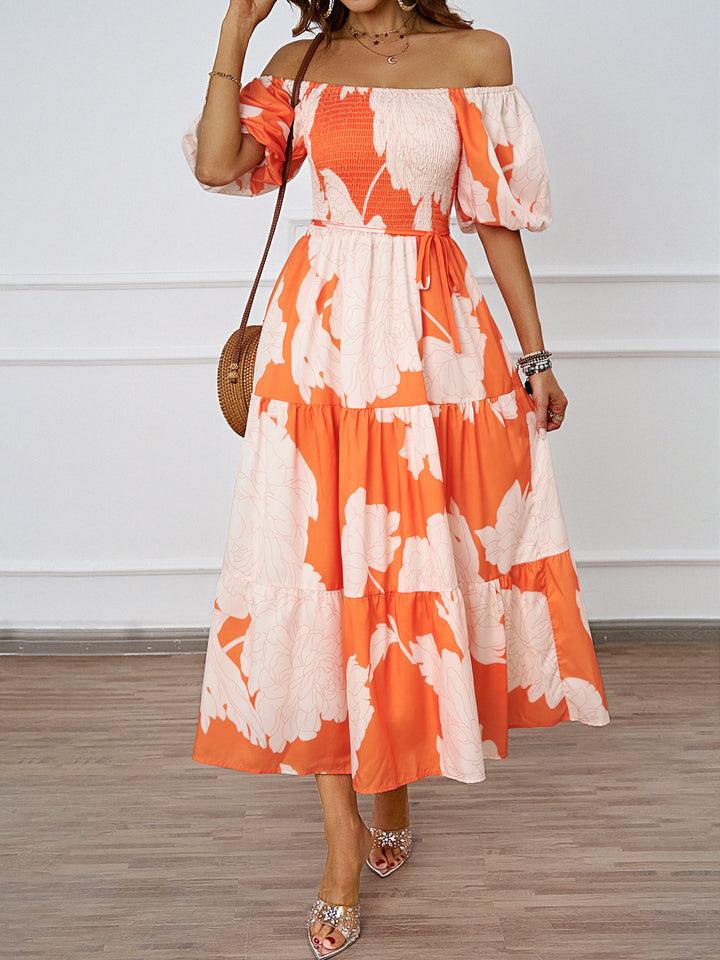 Damen Off-Shoulder Maxikleid mit voluminösen Ärmeln und print Drune