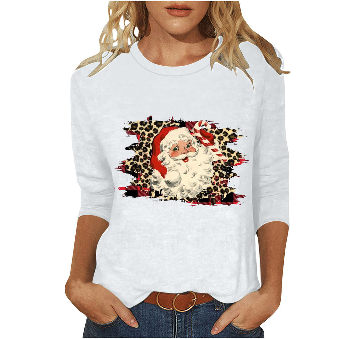 Damen nan lässiges Sweatshirt mit Retro-Weihnachtsmann-Print, Leoparden- und Karomuster und dreiviertelärmel Drune