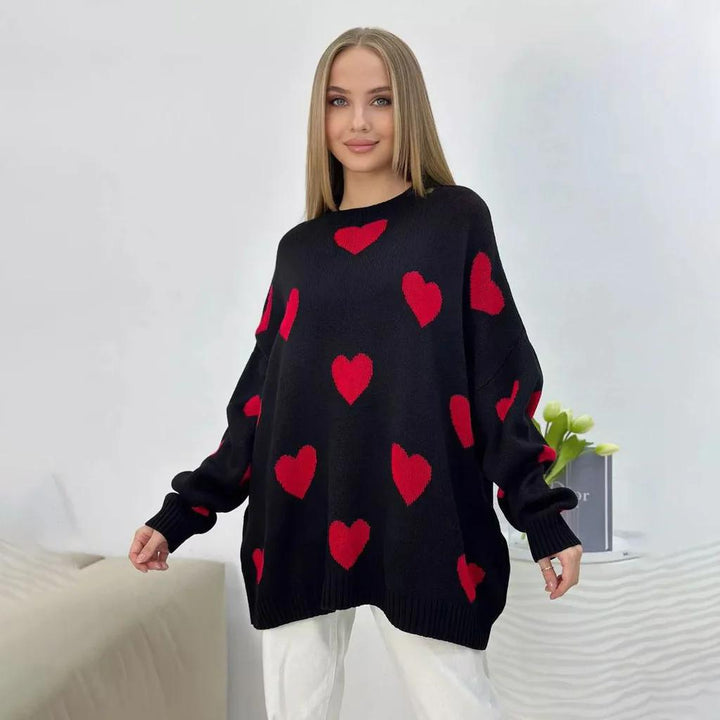Damen Oversize Strickpullover mit Herz‑Motiv, Rippbündchen & weiter Silhouette Drune
