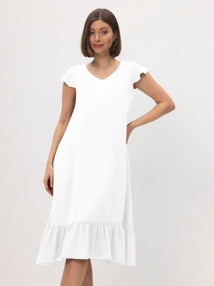 Damen Midi-Kleid mit modischem V-Ausschnitt und Rüschensaum Drune