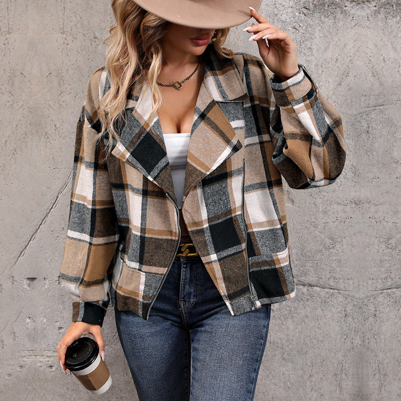 Damen Modische Karo Jacke mit Kragen Drune