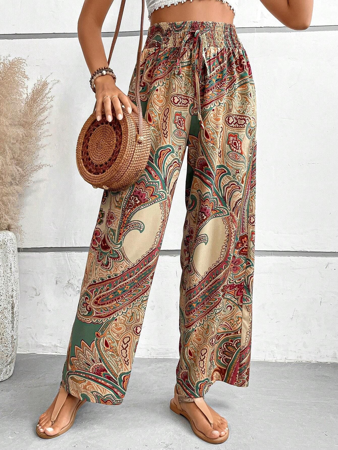 Damen weite Palazzo-Hose mit elastischem Bund und elegantem Paisleymuster Drune