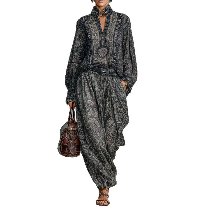 Damen Fließendes Boho-Zweiteiler-Set mit weiter Tunika und Haremshose im Paisley-Design Drune