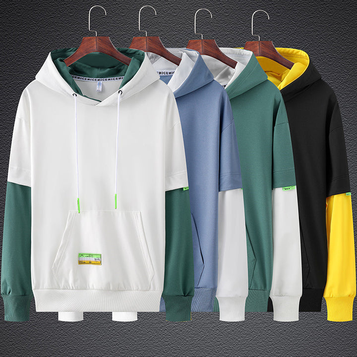 Herren Oversize-Lagenlook Kapuzenpullover mit Kontrastärmeln und Kängurutasche Drune