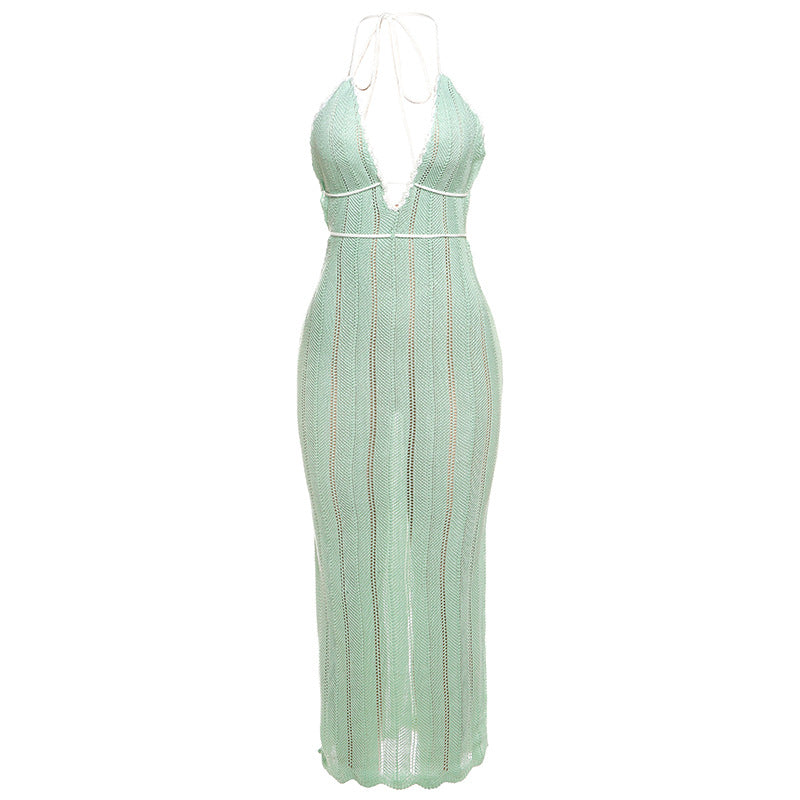 Damen Strick Maxikleid mit tiefem V-Ausschnitt und Bindebändern Drune