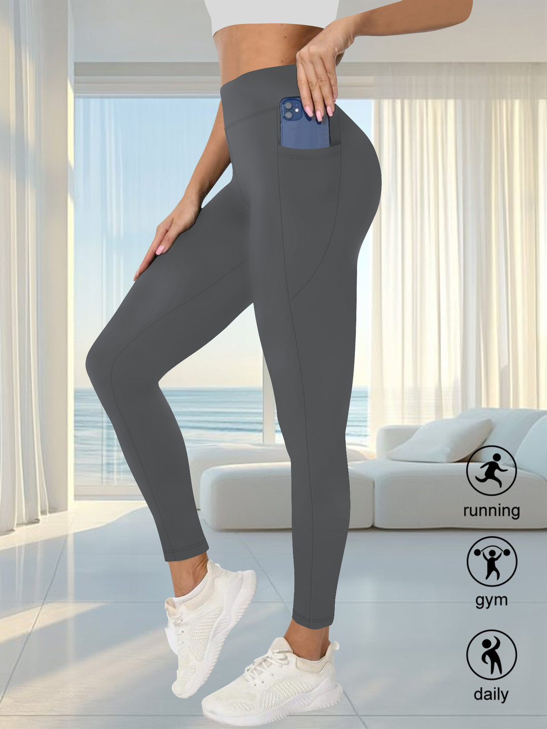 Damen High-Waist Sportleggings mit seitlicher Handytasche und formendem Kompressionsstoff Drune