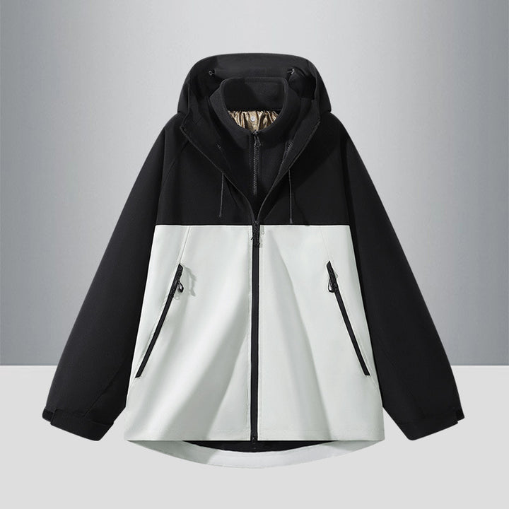 Herren Zweifarbige Softshell-Hybridjacke mit Kapuze, verlängerter Rücken und wasserabweisenden Reißverschlüssen Drune