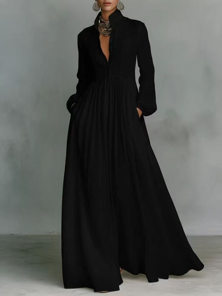 Damen Maxikleid mit Stehkragen, Knopfleiste und seitlichen Taschen Drune