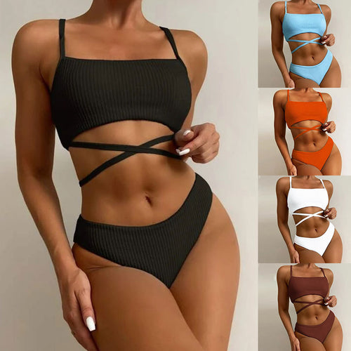 Damen Hochgeschnittener Ripp-Bikini mit Kreuzdetails Drune