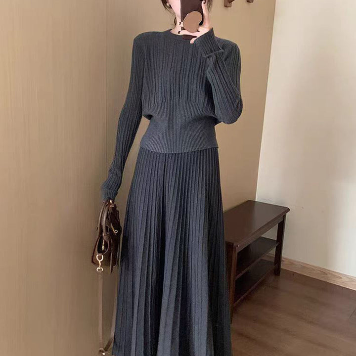 Damen Elegantes Plissee Maxikleid mit Strickpullover Drune