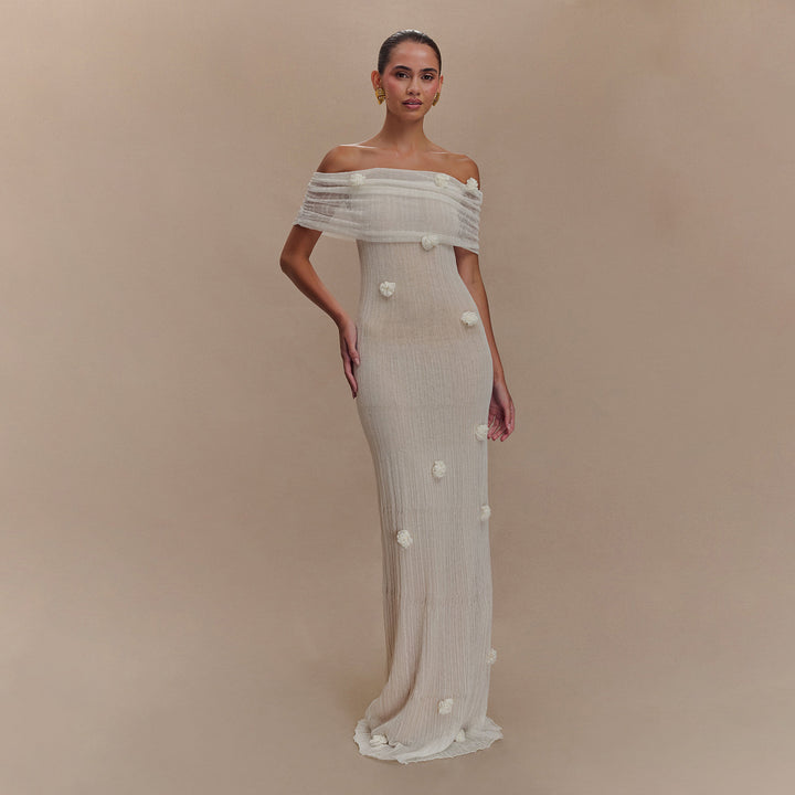 Damen Elegantes Maxikleid mit Off-Shoulder Schnitt und floralem Detail Drune