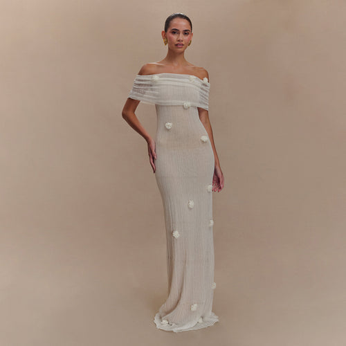Damen Elegantes Maxikleid mit Off-Shoulder Schnitt und floralem Detail Drune