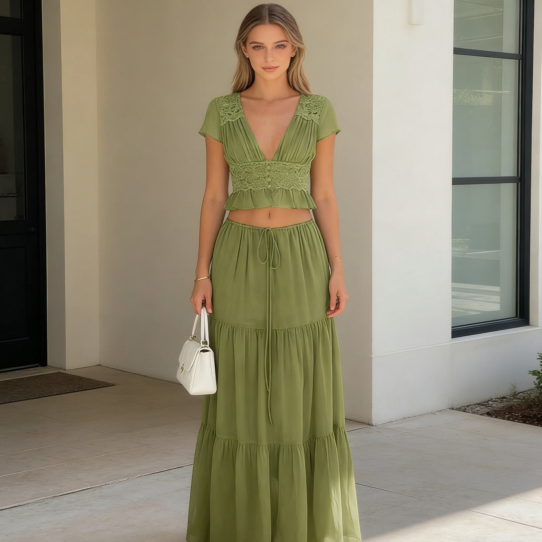 Damen Lässiges Maxi-Kleid mit eleganter Raffung und cropped Top Drune