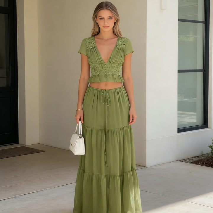 Damen Lässiges Maxi-Kleid mit eleganter Raffung und cropped Top Drune