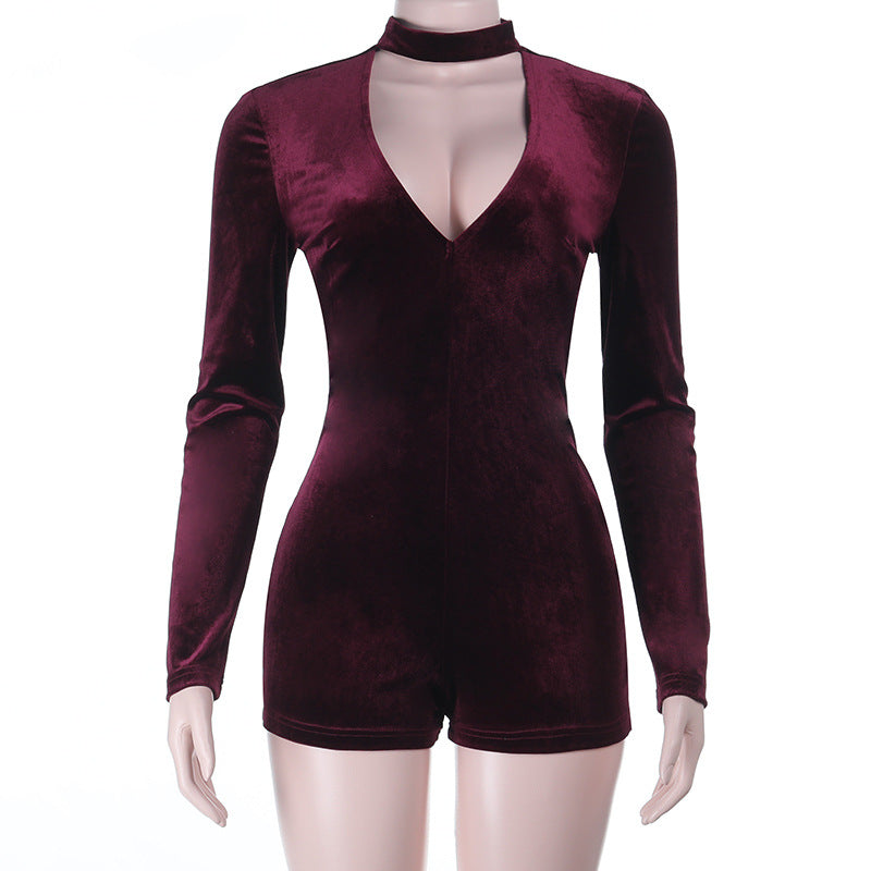 Damen eleganter Jumpsuit mit tiefem V-Ausschnitt und Langarm-Wickeldetail Drune
