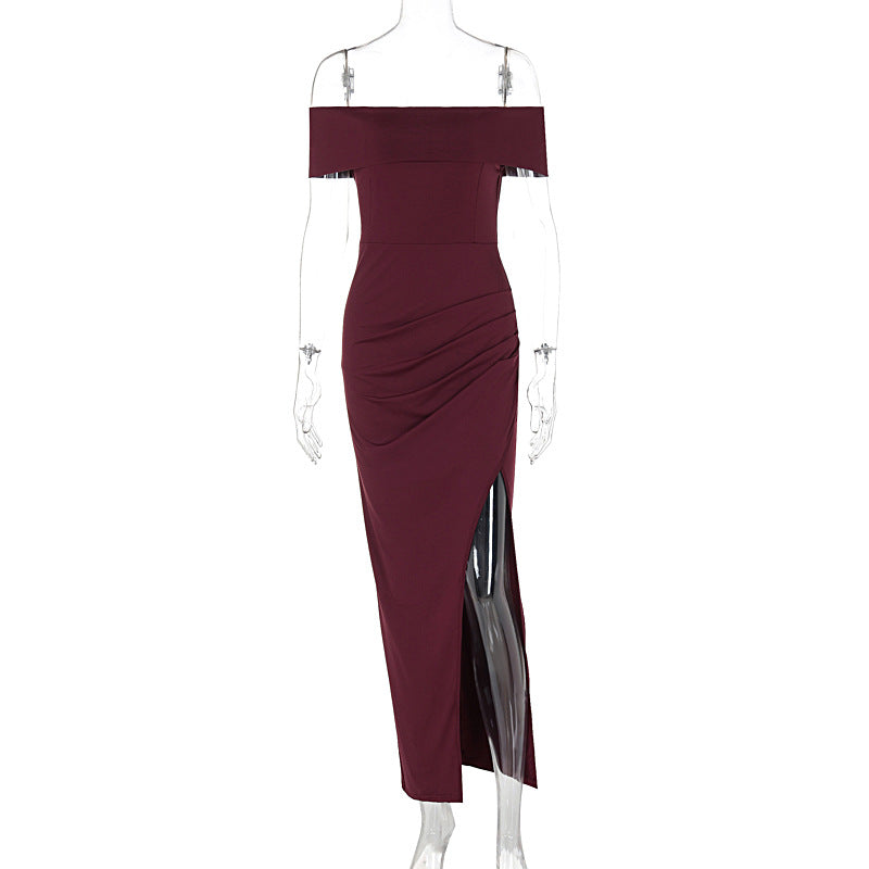 Damen Off-Shoulder Kleid mit figurformendem Schnitt und hohem Schlitz Drune