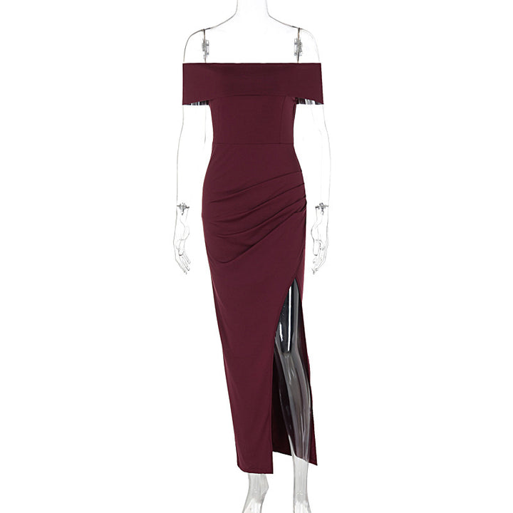 Damen Off-Shoulder Kleid mit figurformendem Schnitt und hohem Schlitz Drune