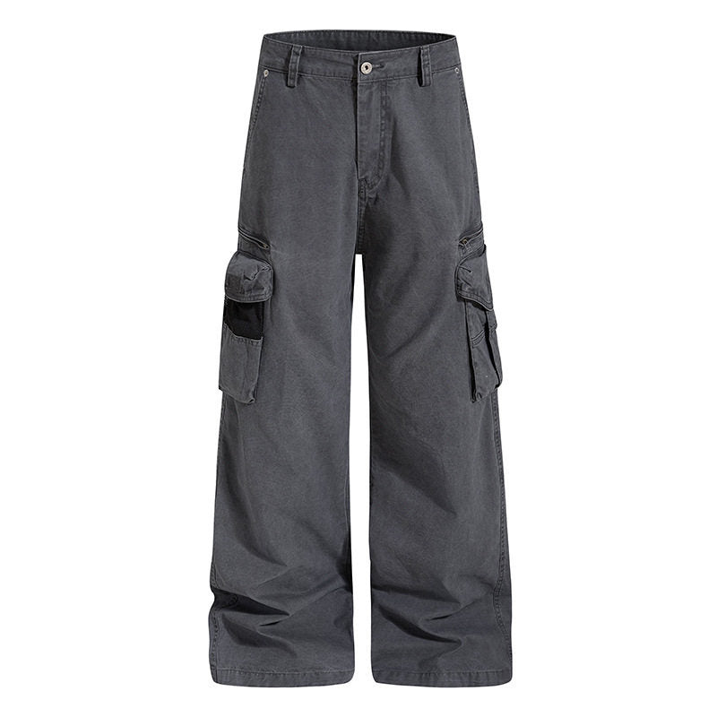 Damen Weite High‑Waist Canvas-Cargohose mit Multi‑Taschen und Netz-Details Drune