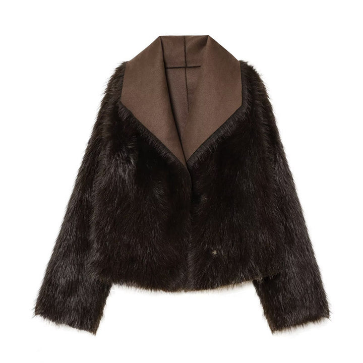 Damen Cropped Lammfell‑Imitat‑Jacke mit großem Schalkragen und Fellbesatz Drune