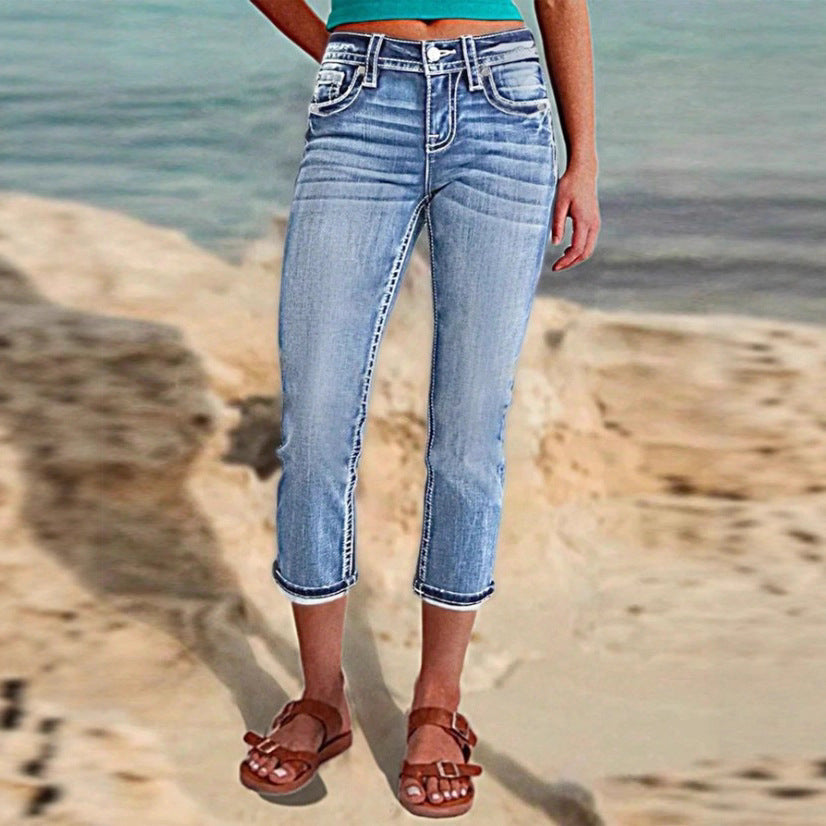 Damen Cropped-Jeans im Capri-Schnitt mit taillenhoher Passform und dezenter Used-Waschung Drune