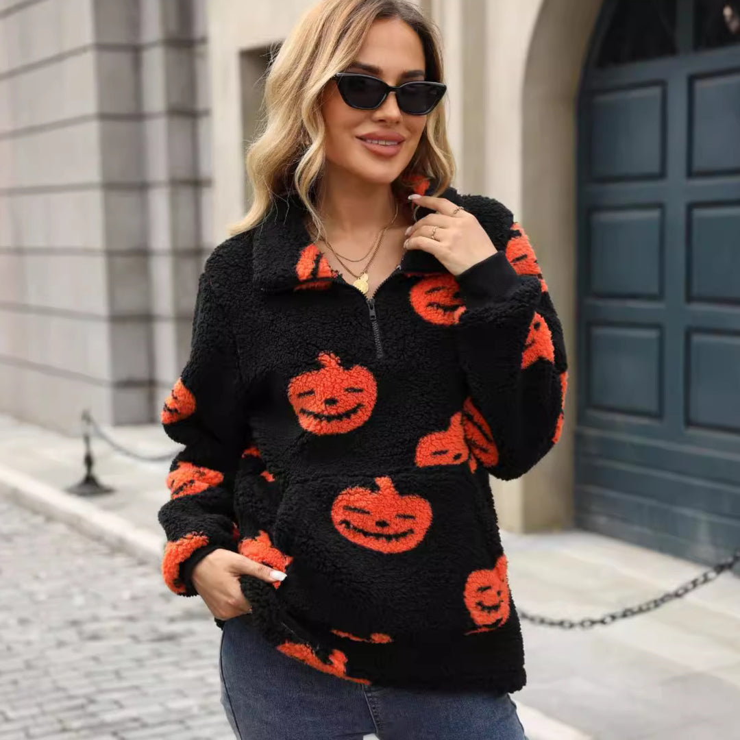 Damen Plüschpullover mit Halloween-Motiv und praktischen Taschen Drune