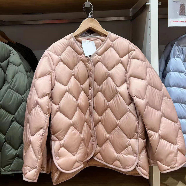 Damen Gesteppte Kurzjacke mit Diamantsteppung, Rundhalsausschnitt und Druckknöpfen Drune
