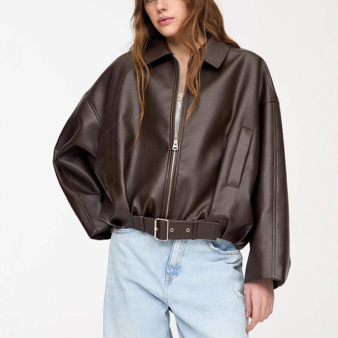 Damen lässige Kunstlederjacke mit breitem Kragen und Gürtel Drune