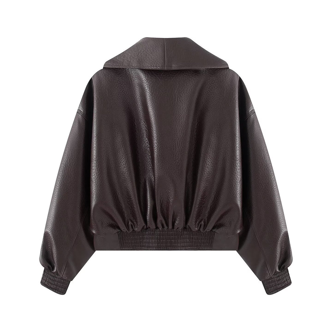Damen Boxy Cropped Blousonjacke aus Kunstleder mit überlappendem Schalkragen und Taillenriemen Drune
