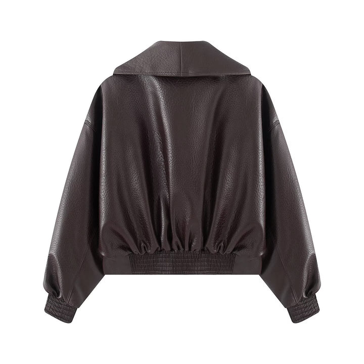 Damen Boxy Cropped Blousonjacke aus Kunstleder mit überlappendem Schalkragen und Taillenriemen Drune