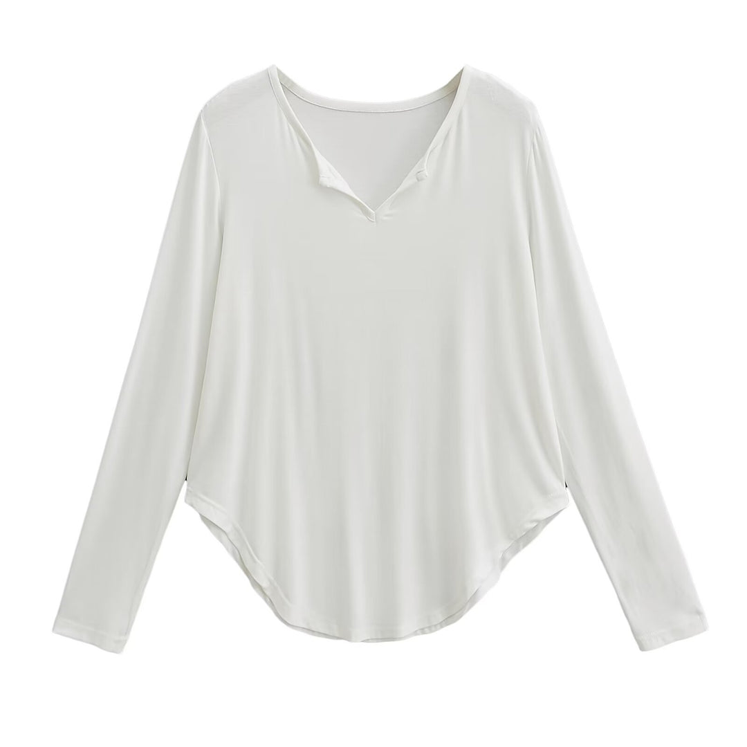 Damen lässiges Longsleeve-Oberteil mit V-Ausschnitt und geschwungenem Saum Drune