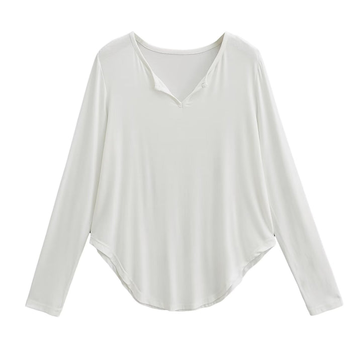Damen lässiges Longsleeve-Oberteil mit V-Ausschnitt und geschwungenem Saum Drune