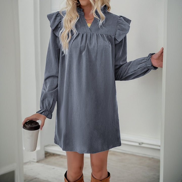Damen Volant-Hemdkleid mit geraffter Passe, Stehkragen und elastischen Manschetten Drune
