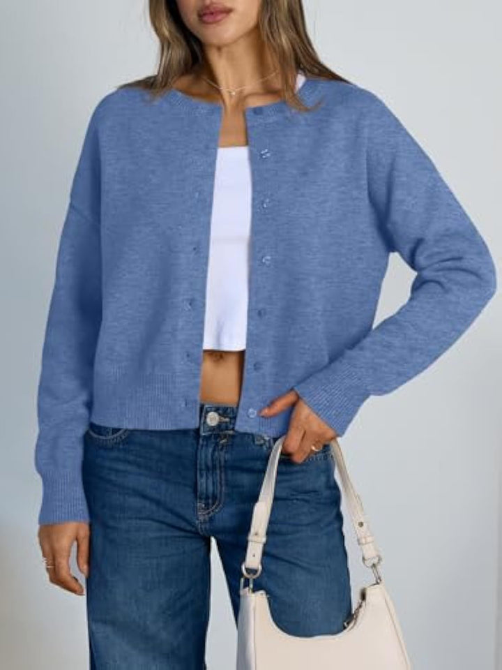 Damen Cropped Strickjacke im Boxy‑Schnitt mit Rundhals und Rippbündchen Drune