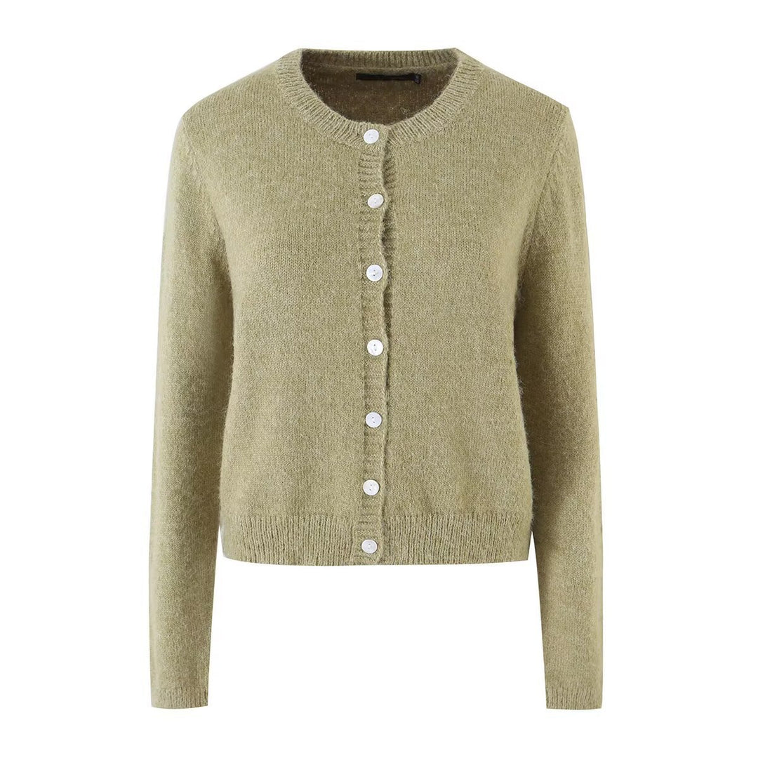 Damen Feinstrick-Cardigan mit Rundhalsausschnitt, Perlmuttknopfleiste und flauschiger Mohair-Optik Drune
