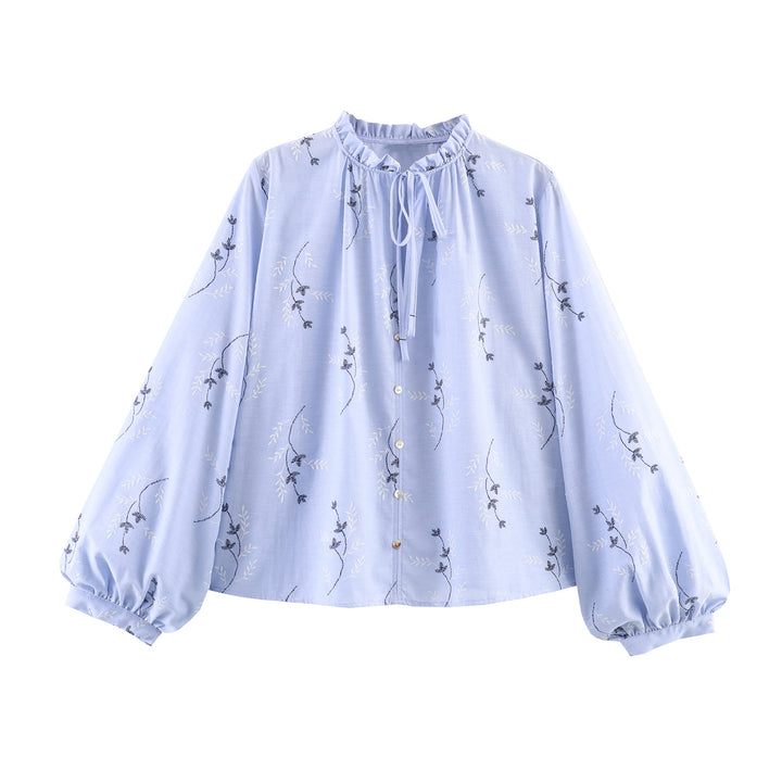 Damen Bestickte Bluse mit Rüschenkragen, Bindeband und weiten Ballonärmeln Drune